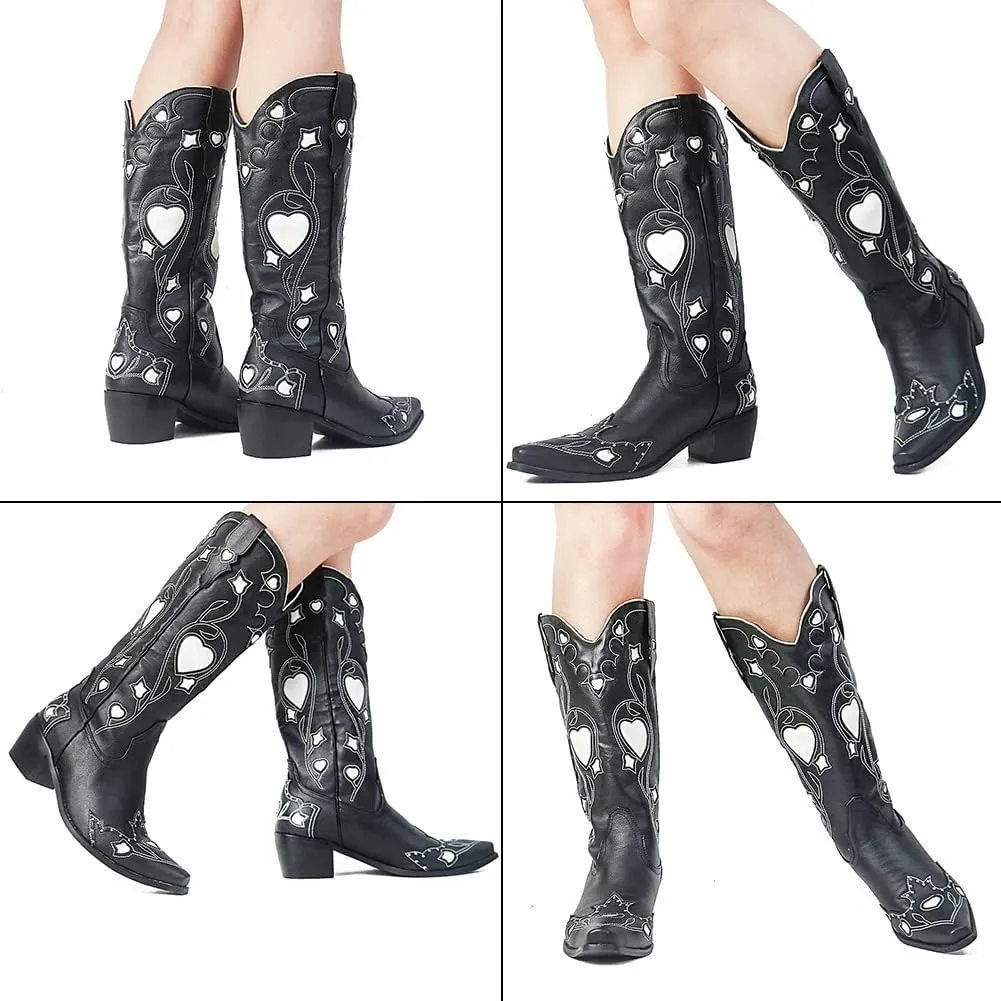 AMINUGAL Womens Mid Calf Embroidered Cut Out Cute Heart Cowgirl Boots Pull on Point Toe Chunky Heel Cowboy Boots Western Riding Boots For Women