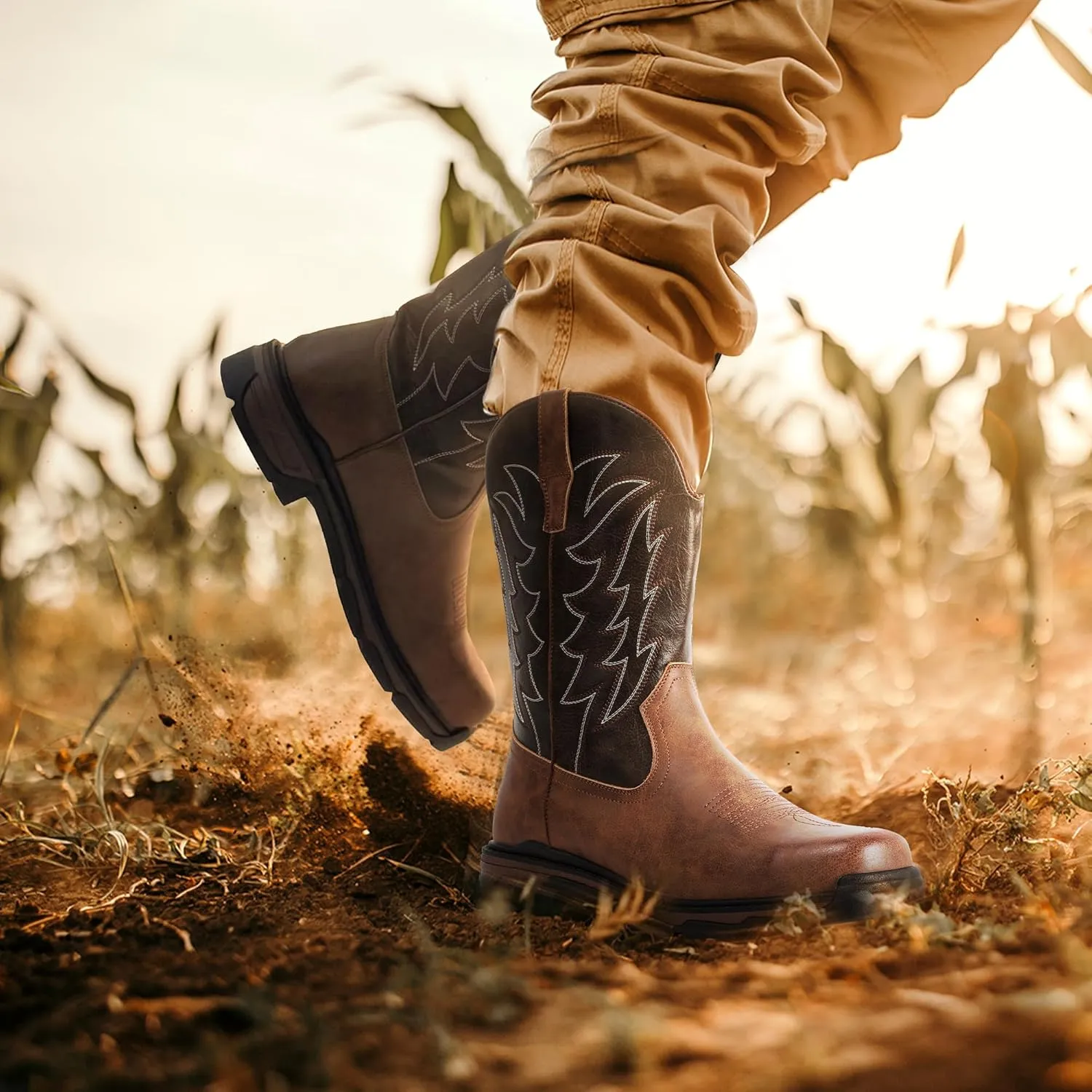 ANGRYRAM Steel Toe Work Boots for Men Waterproof Puncture Resistant Construction Safety Shoes Men's Slip on Square Toe Cowboy Boots