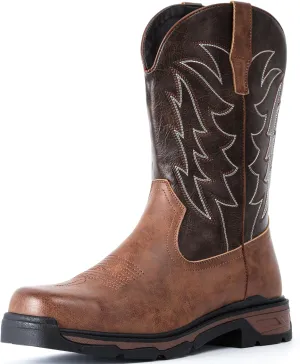 ANGRYRAM Steel Toe Work Boots for Men Waterproof Puncture Resistant Construction Safety Shoes Men's Slip on Square Toe Cowboy Boots