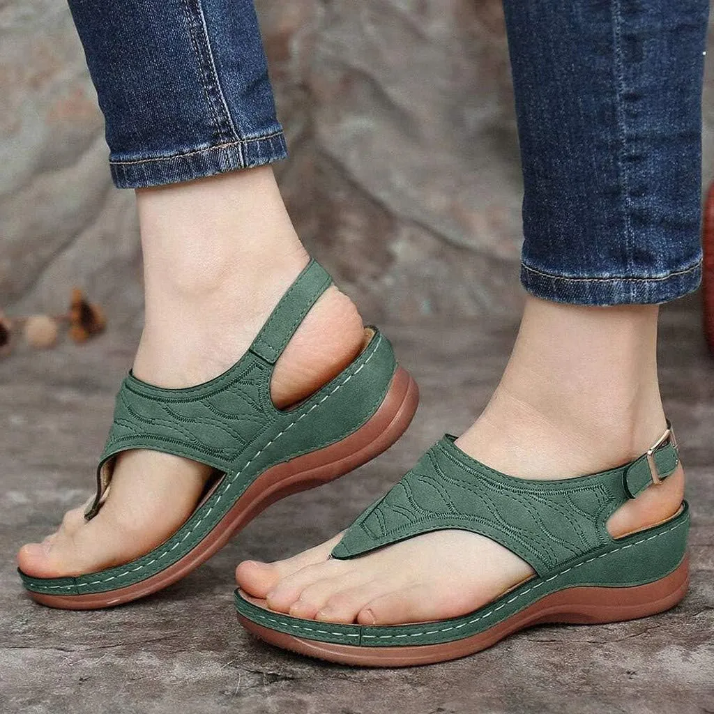 Aniywn T-Strap Wedge Sandals for Women,Summer Comfort Flat Sandals Ankle Strap Platform Slip On Sandals Walking Shoes