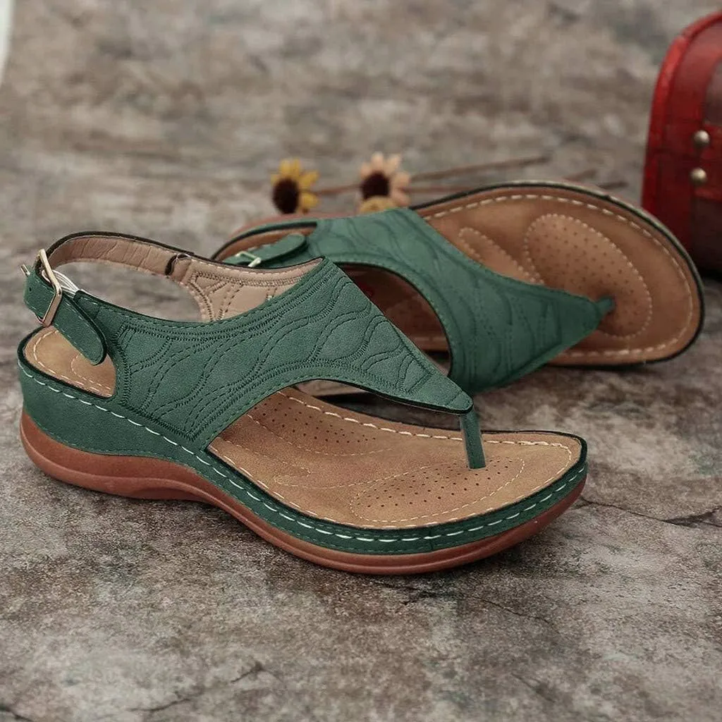 Aniywn T-Strap Wedge Sandals for Women,Summer Comfort Flat Sandals Ankle Strap Platform Slip On Sandals Walking Shoes