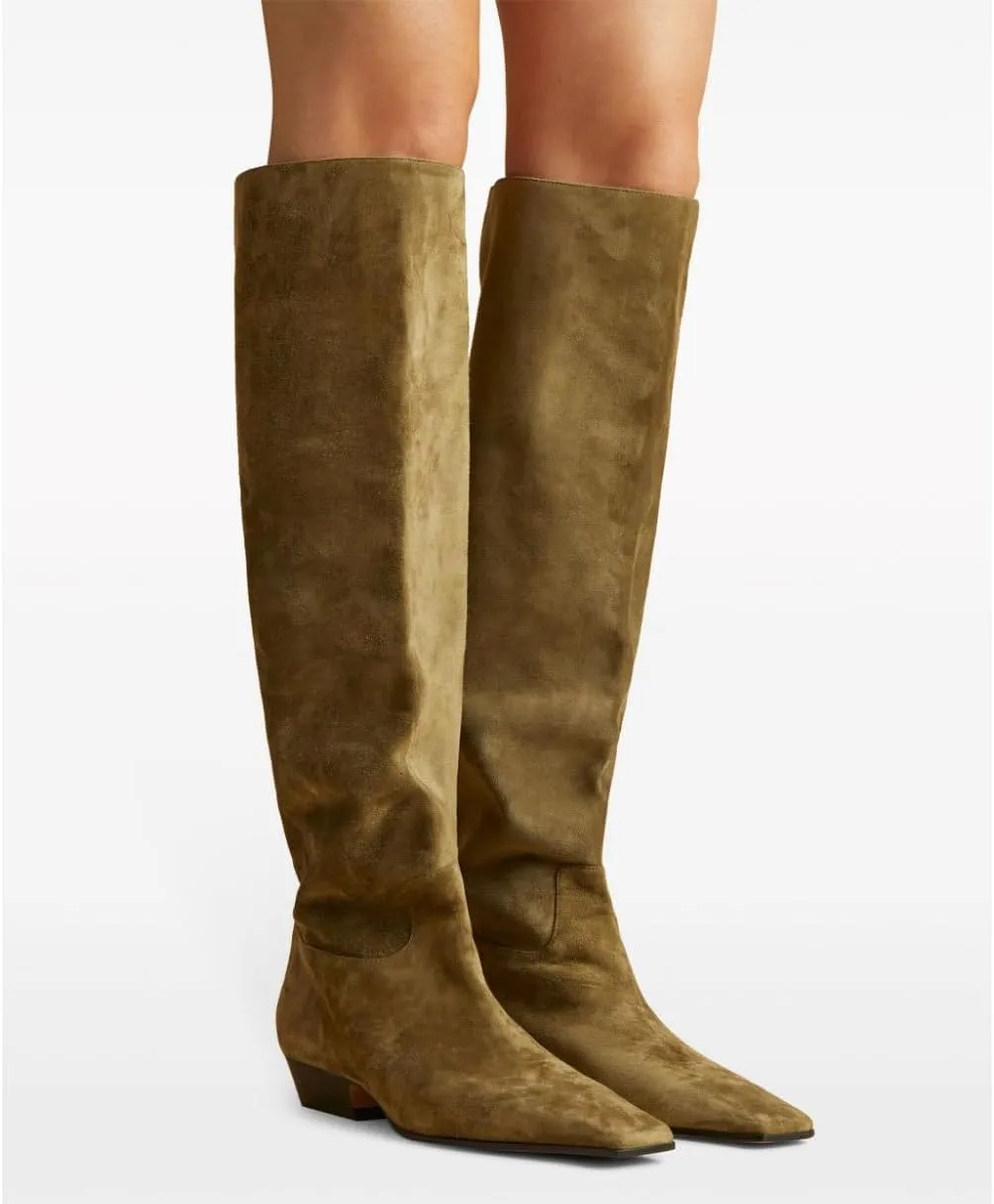 Arqa Women's Square Toe Knee High Boots Low Block Heel Slouchy Boot Comfort Western Riding Boots for Women