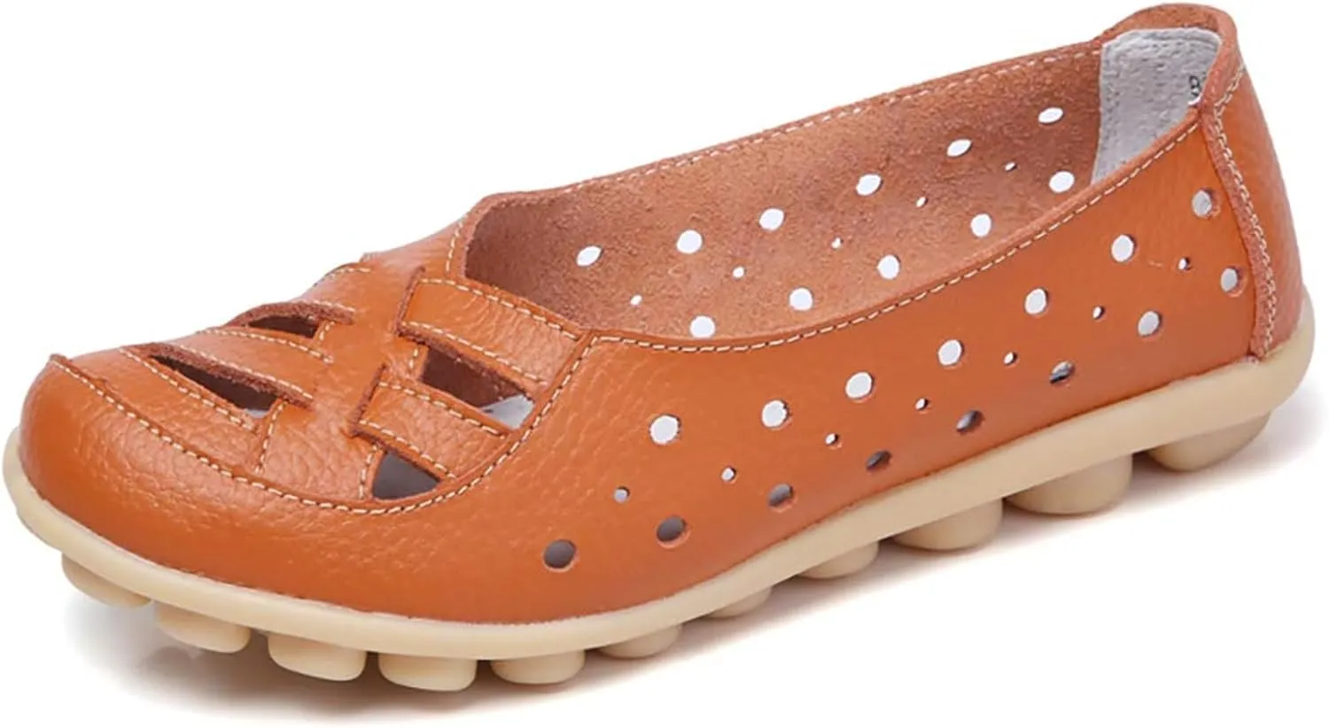 Ballet Flats Shoes for Women Comfortable Hollow Out Leather Loafers Round Toe Slip-On Shoes Comfortable Lightweight Breathable Fashion Driving Loafers Summer Walking Cross Flats Sandals
