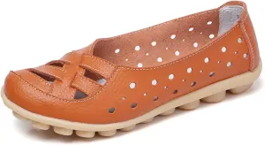Ballet Flats Shoes for Women Comfortable Hollow Out Leather Loafers Round Toe Slip-On Shoes Comfortable Lightweight Breathable Fashion Driving Loafers Summer Walking Cross Flats Sandals