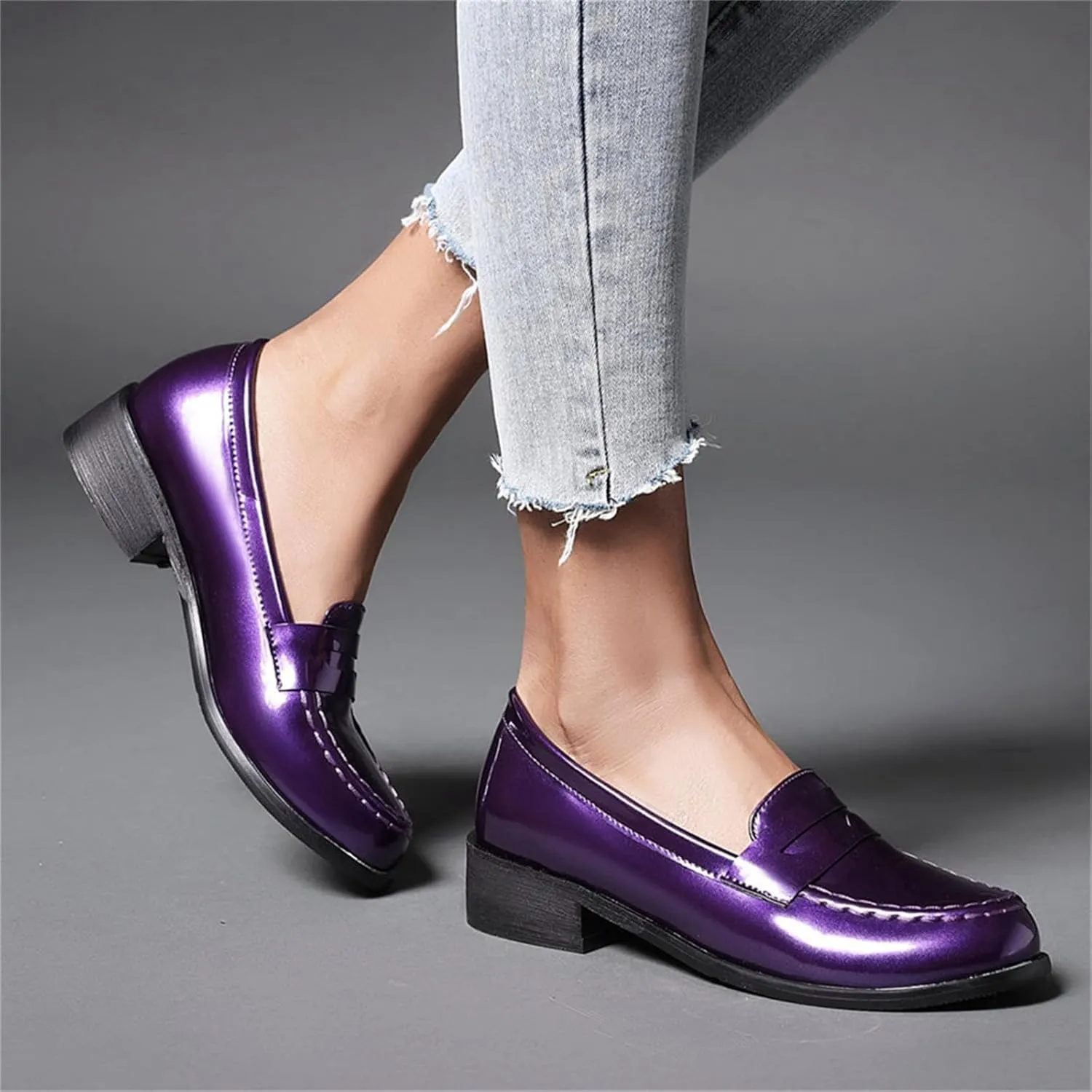 Betastella Women's Metallic Loafers Chunky Heel Loafers Low Heeled Slip On Pumps Office Work Shoes