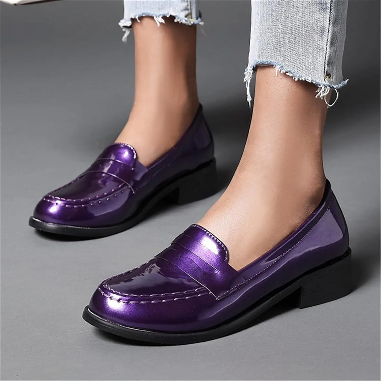 Betastella Women's Metallic Loafers Chunky Heel Loafers Low Heeled Slip On Pumps Office Work Shoes