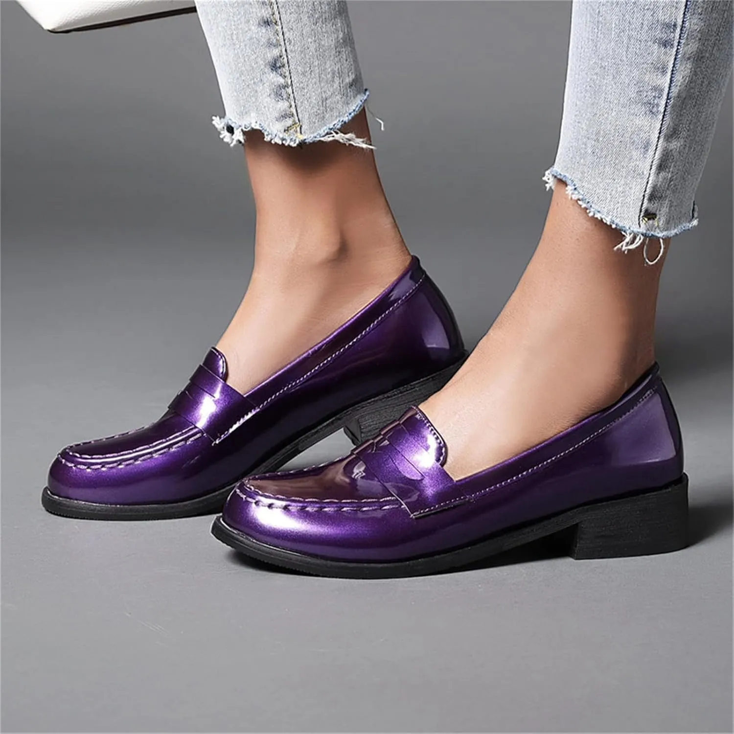 Betastella Women's Metallic Loafers Chunky Heel Loafers Low Heeled Slip On Pumps Office Work Shoes