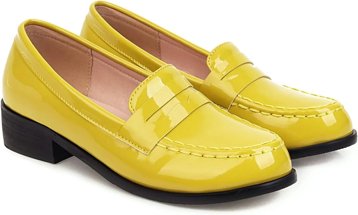 Betastella Women's Metallic Loafers Chunky Heel Loafers Low Heeled Slip On Pumps Office Work Shoes
