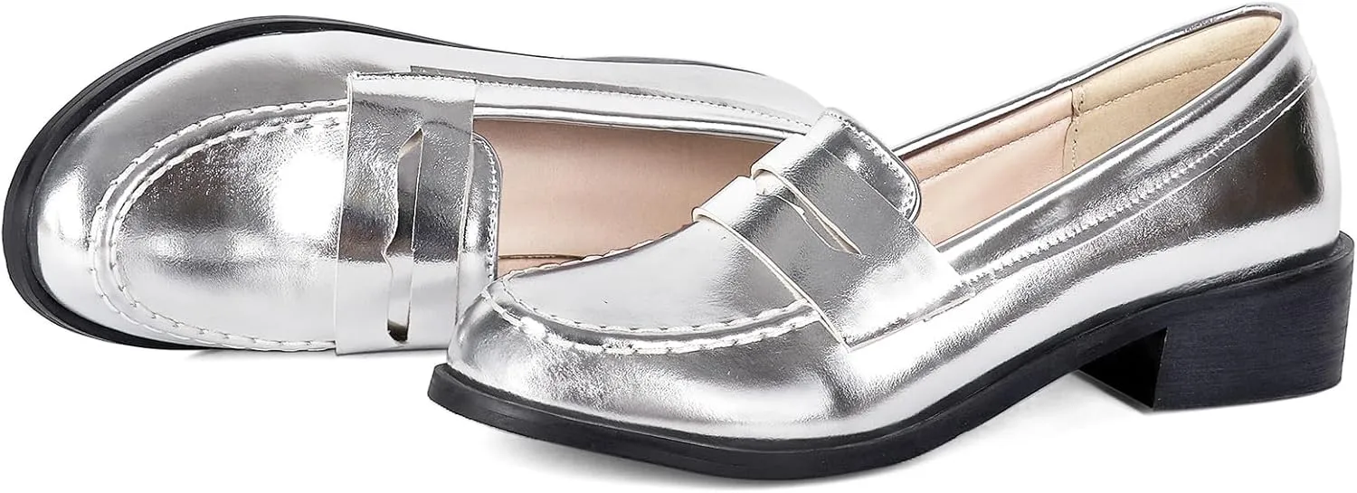 Betastella Women's Metallic Loafers Chunky Heel Loafers Low Heeled Slip On Pumps Office Work Shoes