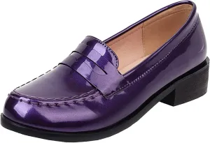 Betastella Women's Metallic Loafers Chunky Heel Loafers Low Heeled Slip On Pumps Office Work Shoes