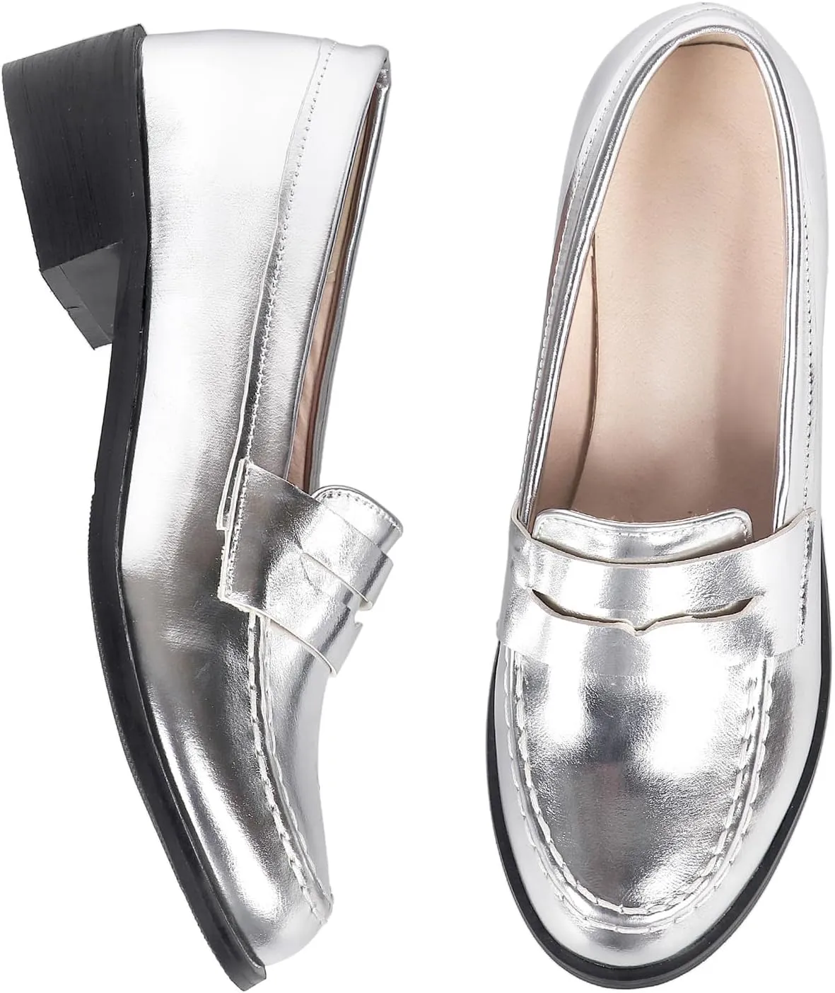 Betastella Women's Metallic Loafers Chunky Heel Loafers Low Heeled Slip On Pumps Office Work Shoes