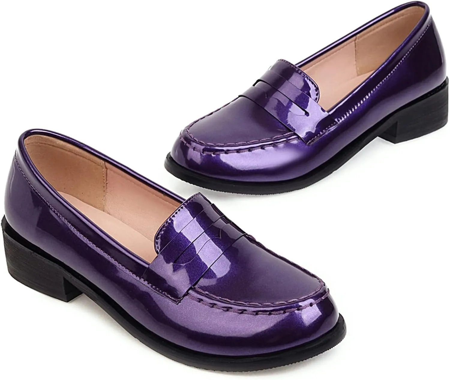 Betastella Women's Metallic Loafers Chunky Heel Loafers Low Heeled Slip On Pumps Office Work Shoes