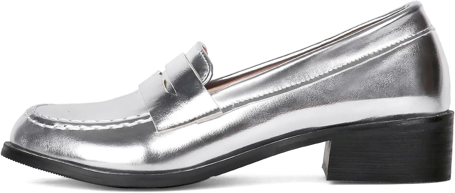 Betastella Women's Metallic Loafers Chunky Heel Loafers Low Heeled Slip On Pumps Office Work Shoes