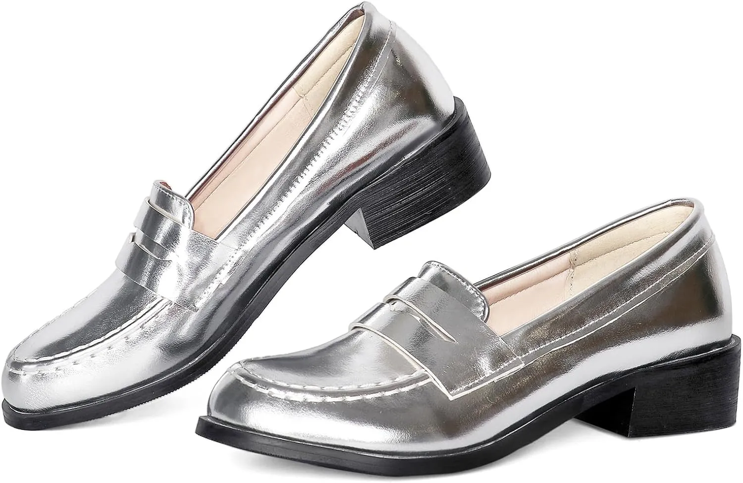 Betastella Women's Metallic Loafers Chunky Heel Loafers Low Heeled Slip On Pumps Office Work Shoes
