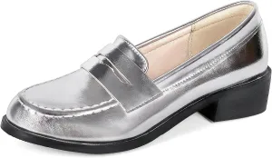 Betastella Women's Metallic Loafers Chunky Heel Loafers Low Heeled Slip On Pumps Office Work Shoes