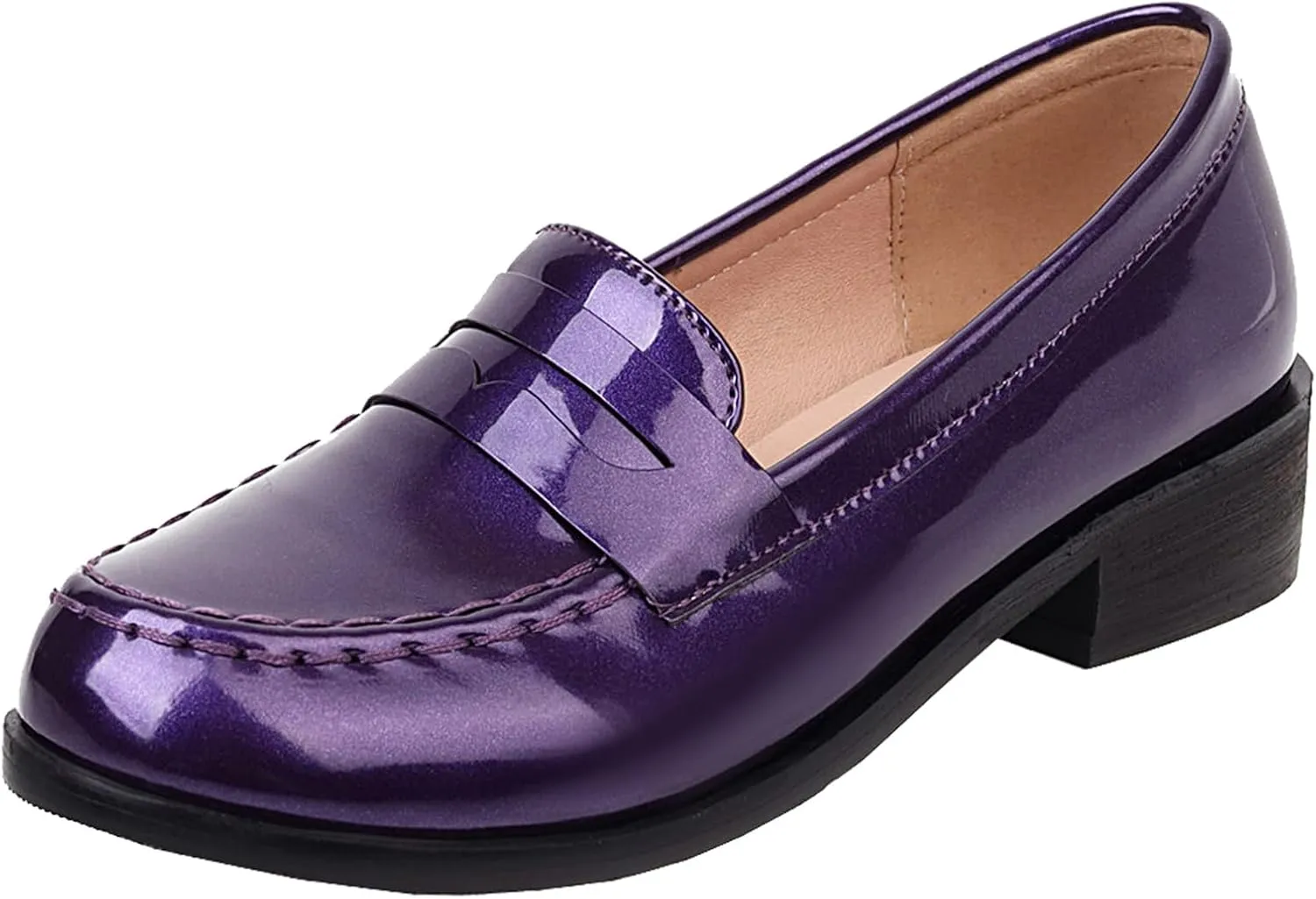 Betastella Women's Metallic Loafers Chunky Heel Loafers Low Heeled Slip On Pumps Office Work Shoes