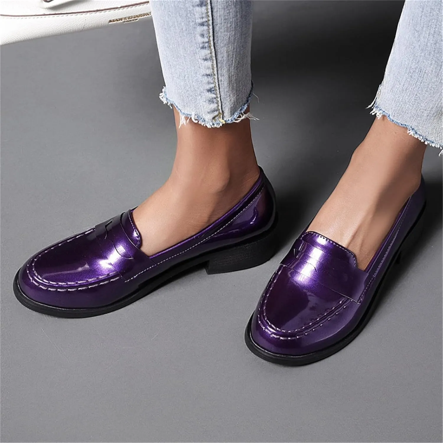 Betastella Women's Metallic Loafers Chunky Heel Loafers Low Heeled Slip On Pumps Office Work Shoes