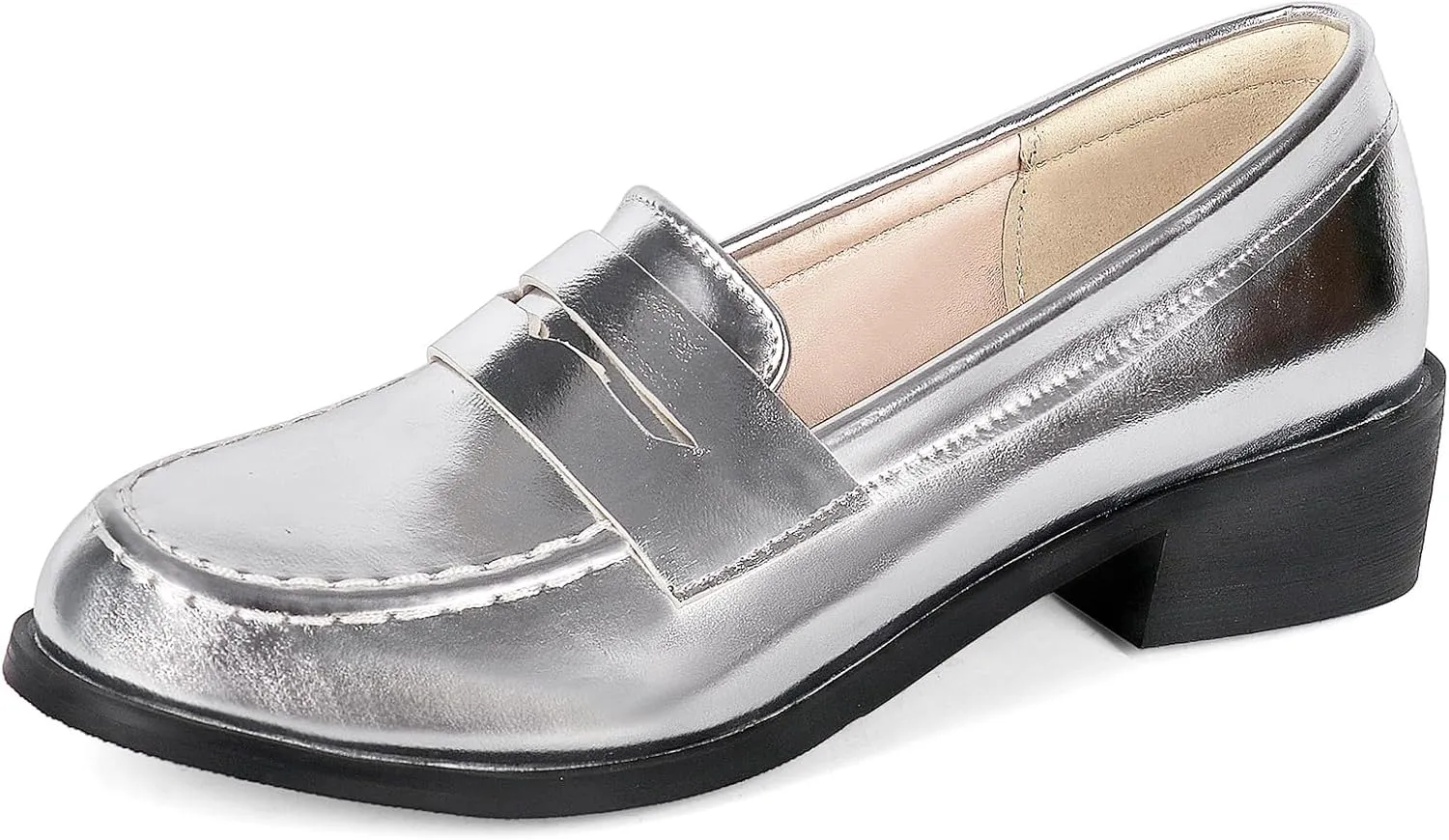 Betastella Women's Metallic Loafers Chunky Heel Loafers Low Heeled Slip On Pumps Office Work Shoes