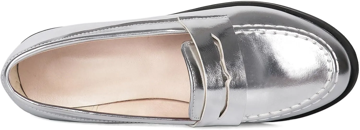 Betastella Women's Metallic Loafers Chunky Heel Loafers Low Heeled Slip On Pumps Office Work Shoes