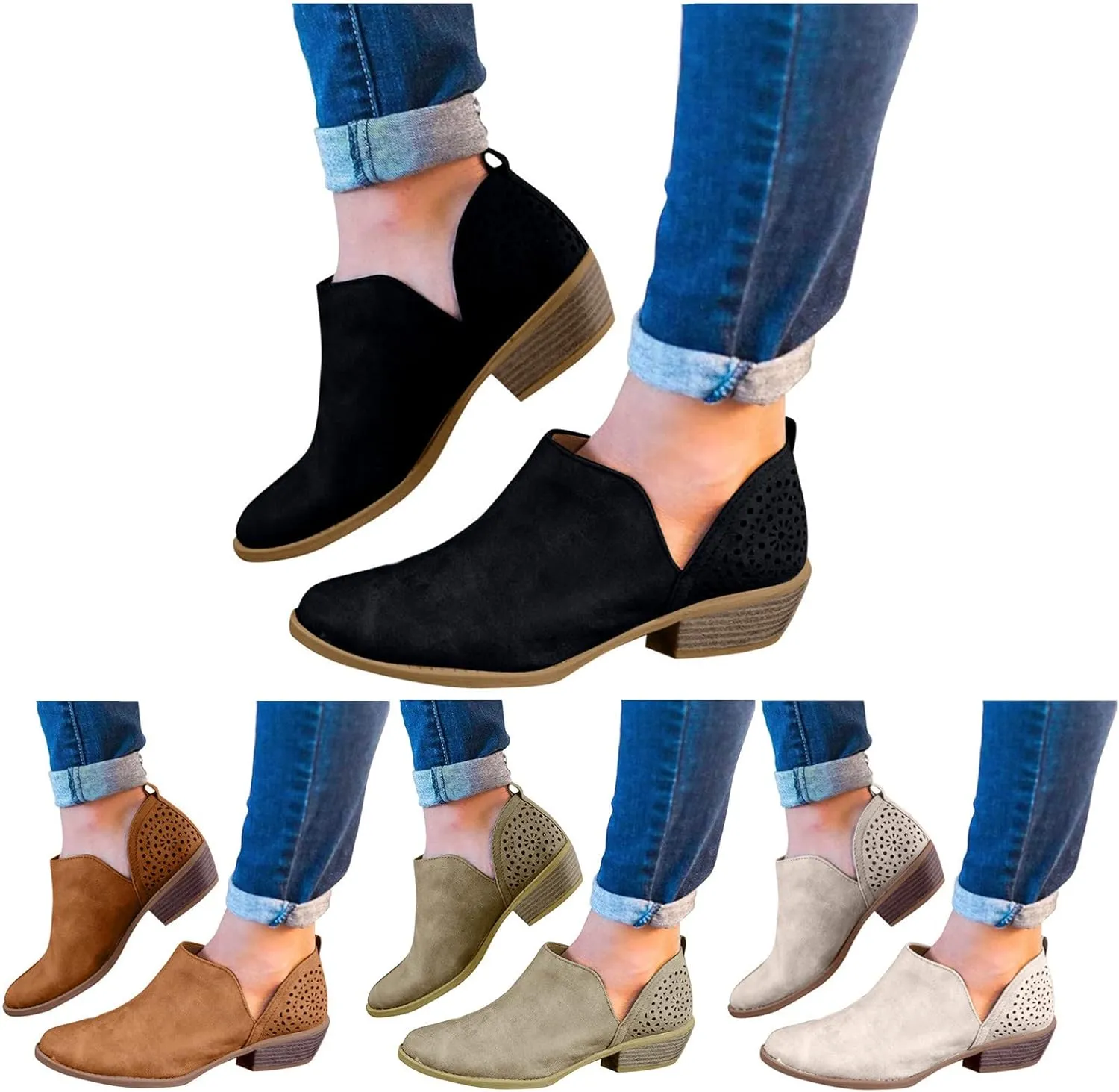 Booties for Women Low Heel Platform Ankle Boots Western Cowboy Boots Pointed Toe Fashion Retro Classic Ankle Booties