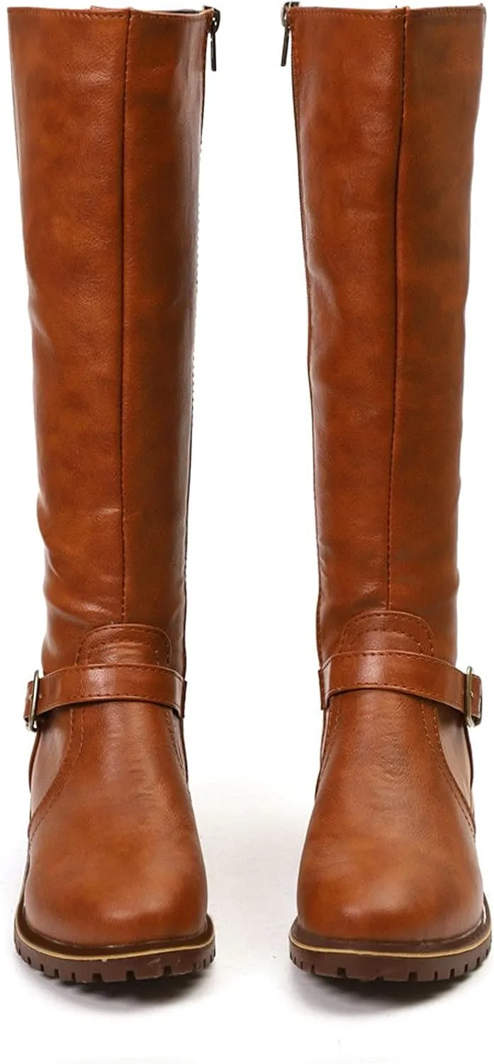 Boots for Women Knee High Combat Style Closed Toe Motorcycle Boots Classic Zipper Buckle Low Heel Shoes Retro Shoes 52
