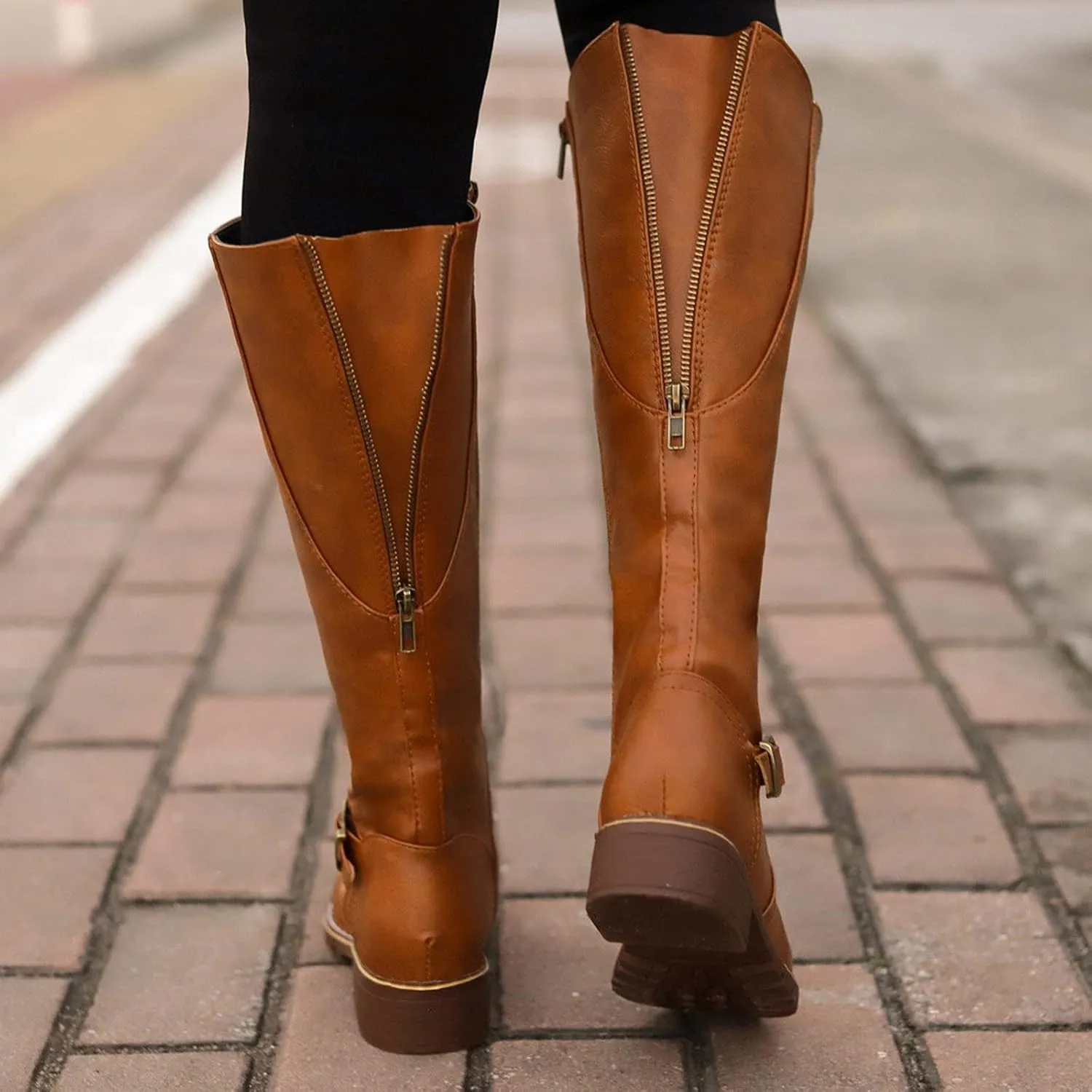 Boots for Women Knee High Combat Style Closed Toe Motorcycle Boots Classic Zipper Buckle Low Heel Shoes Retro Shoes 52