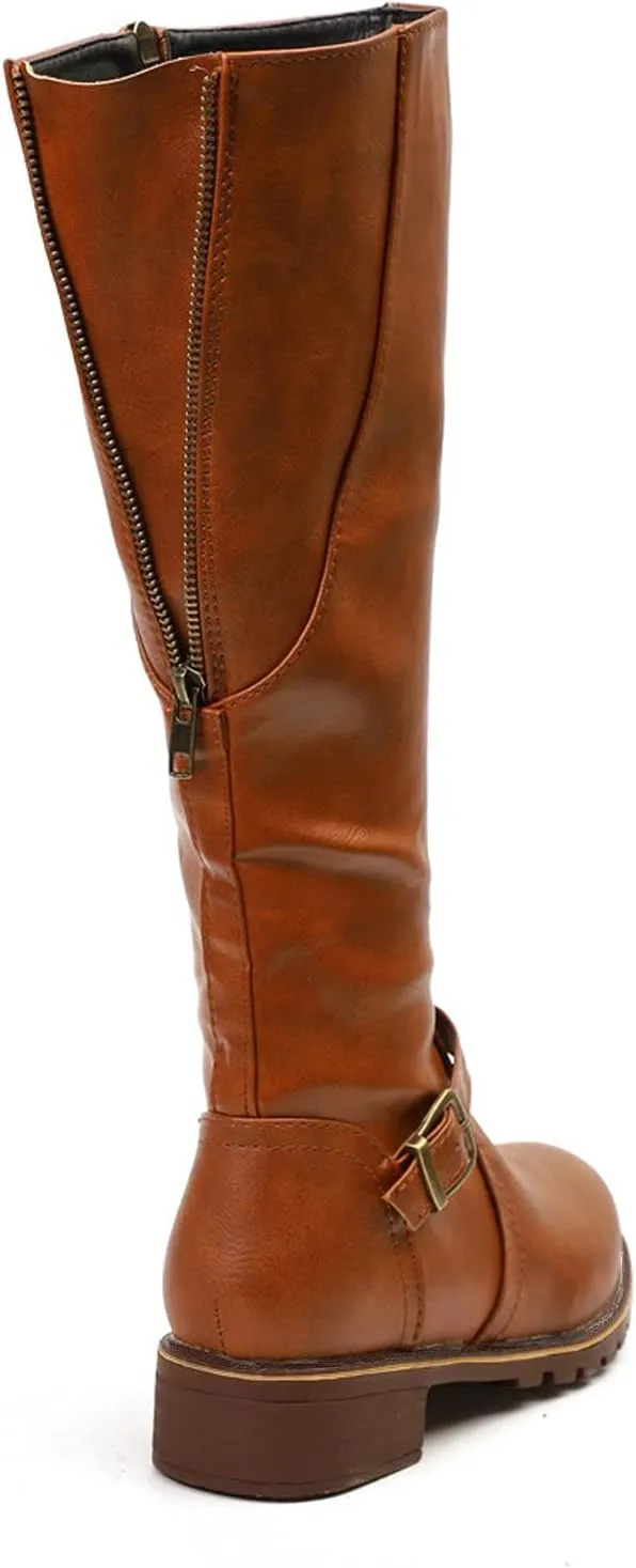 Boots for Women Knee High Combat Style Closed Toe Motorcycle Boots Classic Zipper Buckle Low Heel Shoes Retro Shoes 52