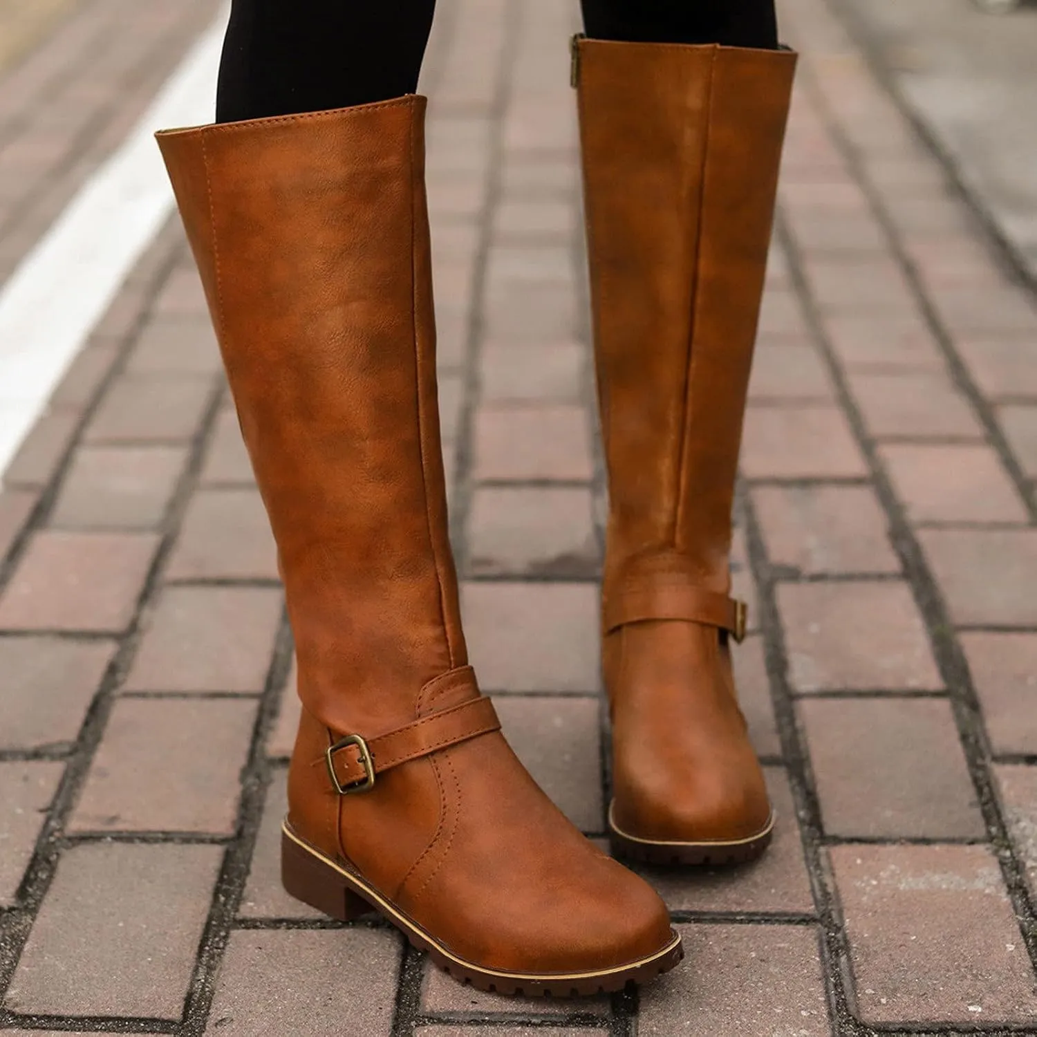 Boots for Women Knee High Combat Style Closed Toe Motorcycle Boots Classic Zipper Buckle Low Heel Shoes Retro Shoes 52