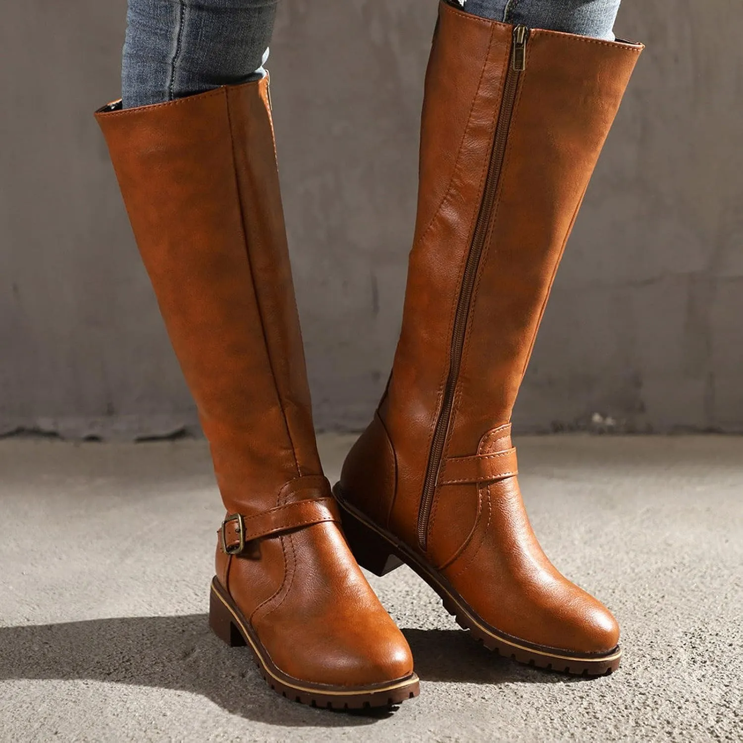 Boots for Women Knee High Combat Style Closed Toe Motorcycle Boots Classic Zipper Buckle Low Heel Shoes Retro Shoes 52