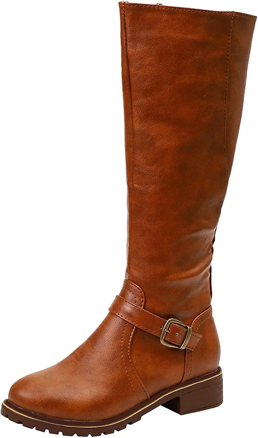 Boots for Women Knee High Combat Style Closed Toe Motorcycle Boots Classic Zipper Buckle Low Heel Shoes Retro Shoes 52