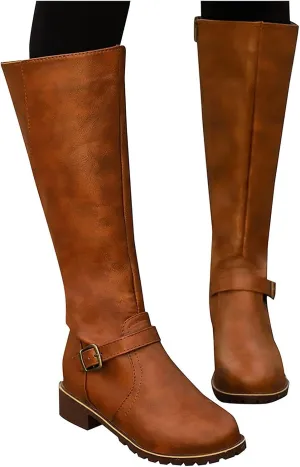 Boots for Women Knee High Combat Style Closed Toe Motorcycle Boots Classic Zipper Buckle Low Heel Shoes Retro Shoes 52