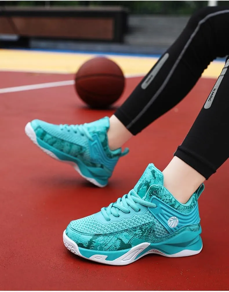 Boys Basketball Shoes All-Season Mid-Top Breathable Mesh Athletic Sneakers with Hook & Loop Closure for Youth Indoor Outdoor Sports