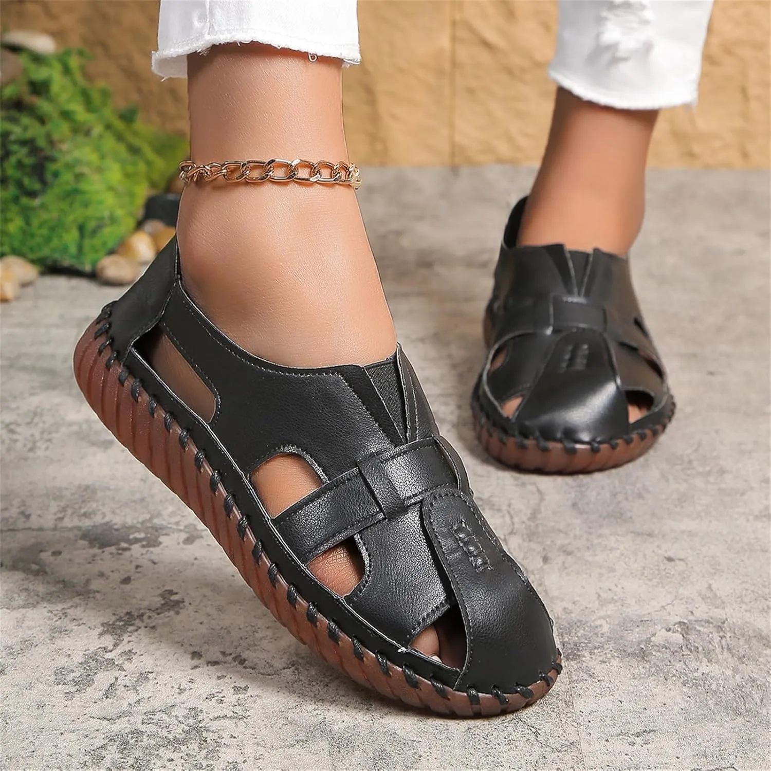 Breathable Sport Sandals for Women Outdoor Fisherman Shoes Adjustable Closed Toe for Summer Leather Loafers for Men Women Cowhide Hollow Out Slip On Comfort Walking Flat Casual Fashion Driving Shoes