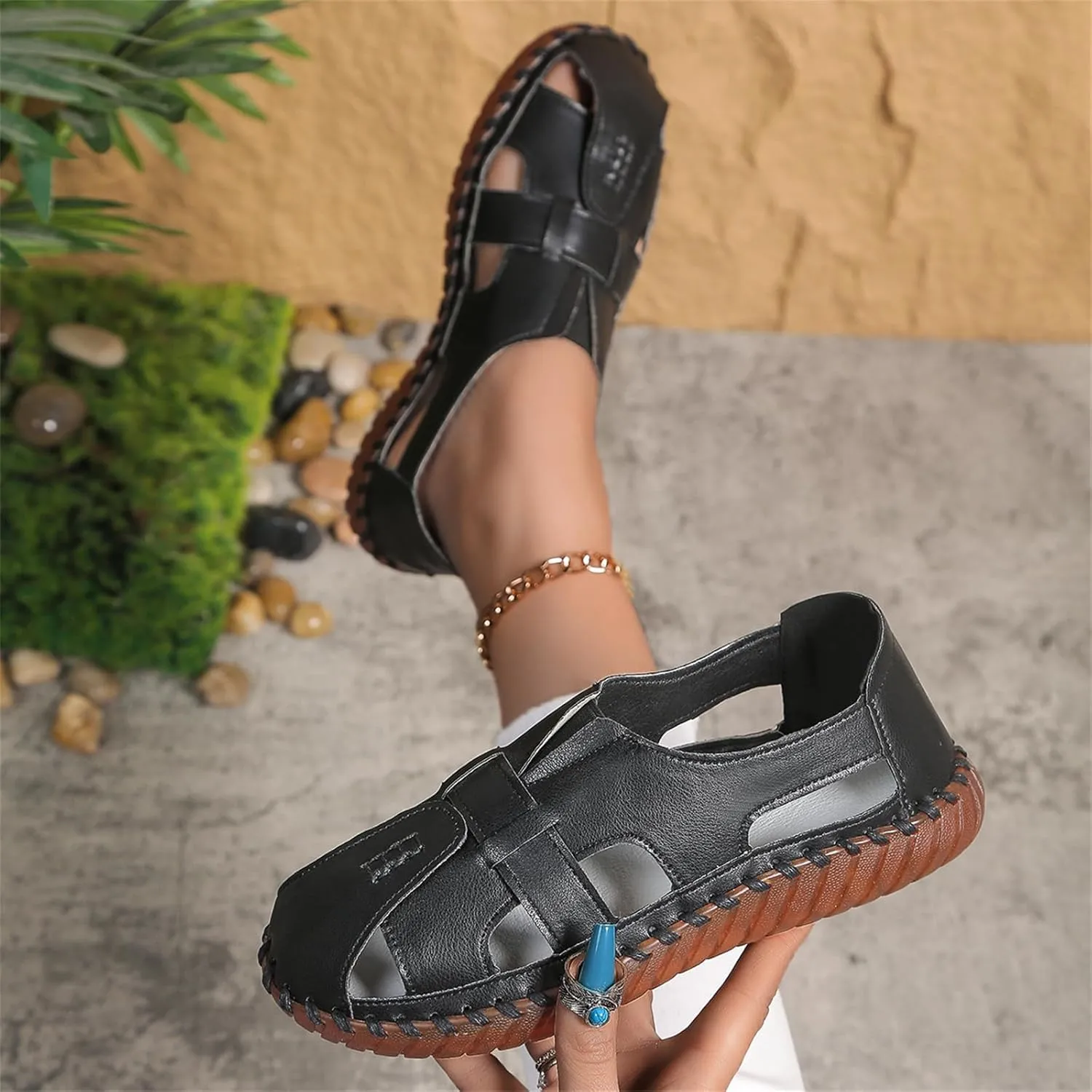 Breathable Sport Sandals for Women Outdoor Fisherman Shoes Adjustable Closed Toe for Summer Leather Loafers for Men Women Cowhide Hollow Out Slip On Comfort Walking Flat Casual Fashion Driving Shoes