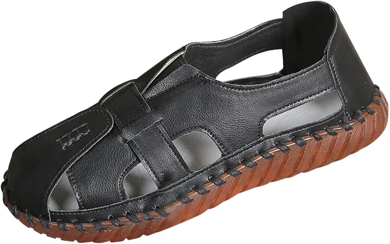Breathable Sport Sandals for Women Outdoor Fisherman Shoes Adjustable Closed Toe for Summer Leather Loafers for Men Women Cowhide Hollow Out Slip On Comfort Walking Flat Casual Fashion Driving Shoes
