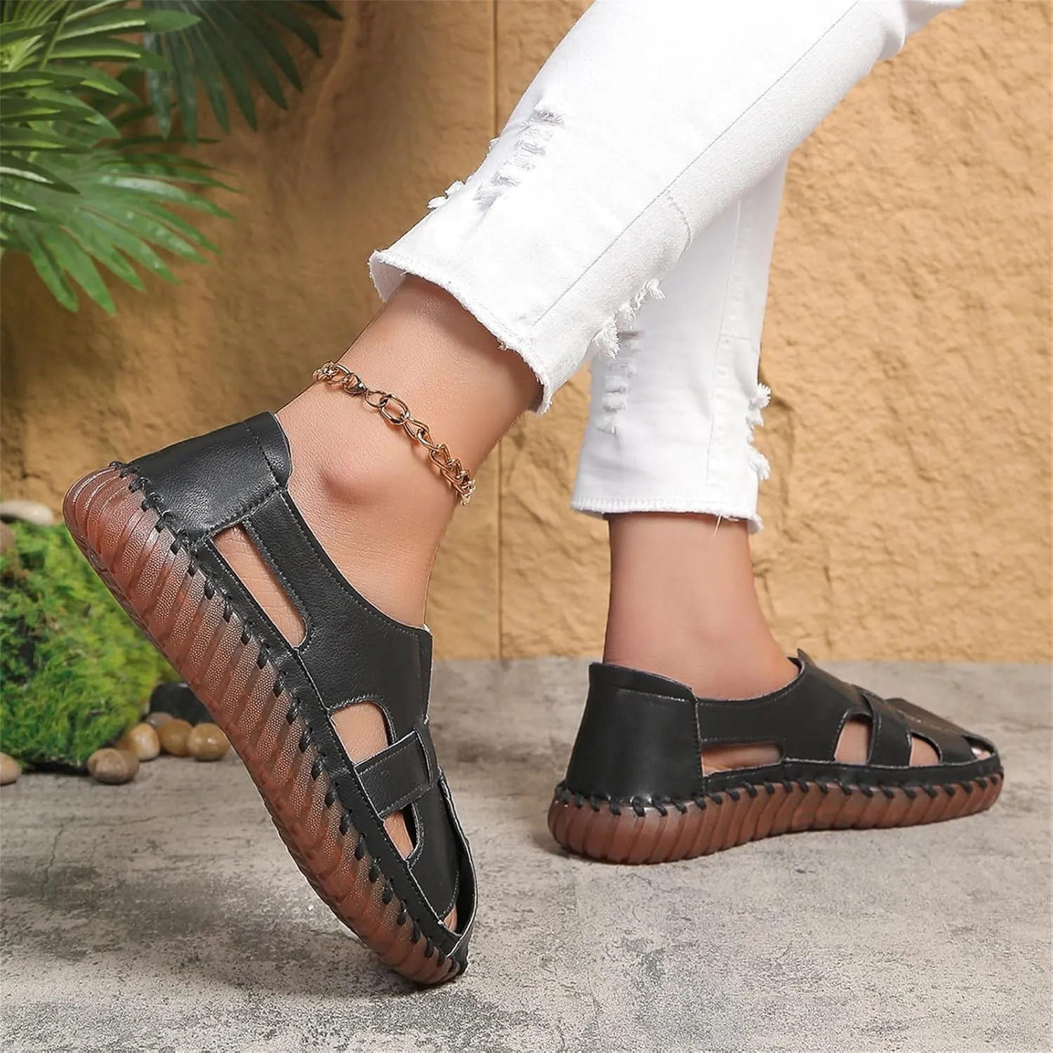 Breathable Sport Sandals for Women Outdoor Fisherman Shoes Adjustable Closed Toe for Summer Leather Loafers for Men Women Cowhide Hollow Out Slip On Comfort Walking Flat Casual Fashion Driving Shoes