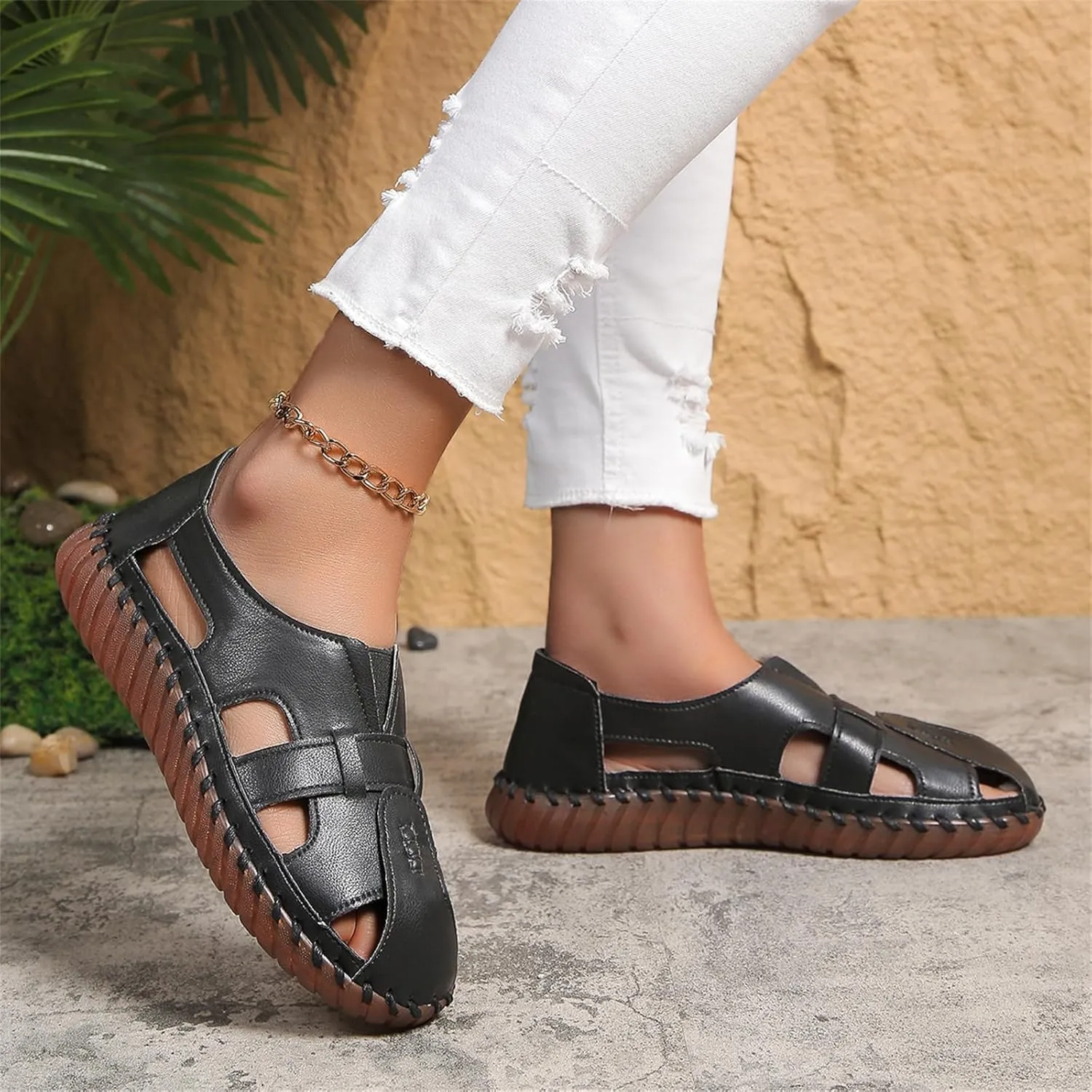 Breathable Sport Sandals for Women Outdoor Fisherman Shoes Adjustable Closed Toe for Summer Leather Loafers for Men Women Cowhide Hollow Out Slip On Comfort Walking Flat Casual Fashion Driving Shoes