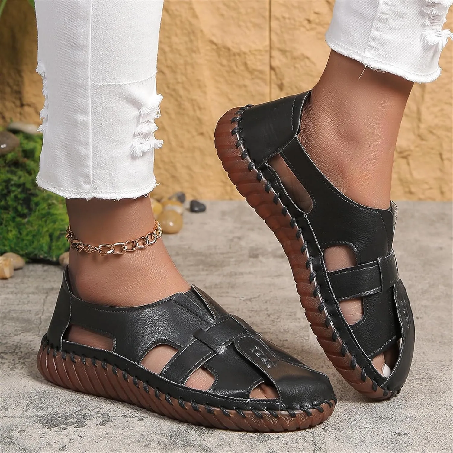 Breathable Sport Sandals for Women Outdoor Fisherman Shoes Adjustable Closed Toe for Summer Leather Loafers for Men Women Cowhide Hollow Out Slip On Comfort Walking Flat Casual Fashion Driving Shoes