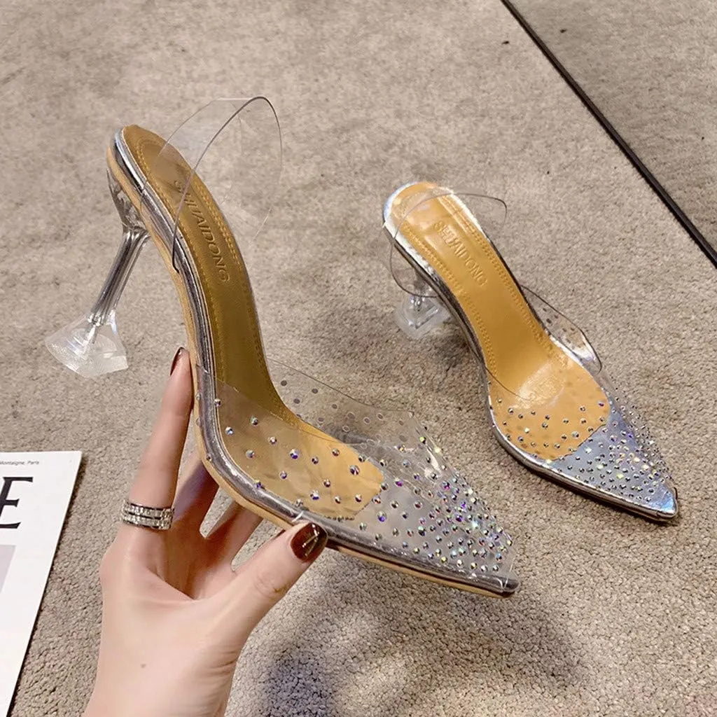 Clear Heels for Women Dress Bride Shoes Wedding Shoes for Rhinestone Closed Toe Heels 8cm Sandals Women