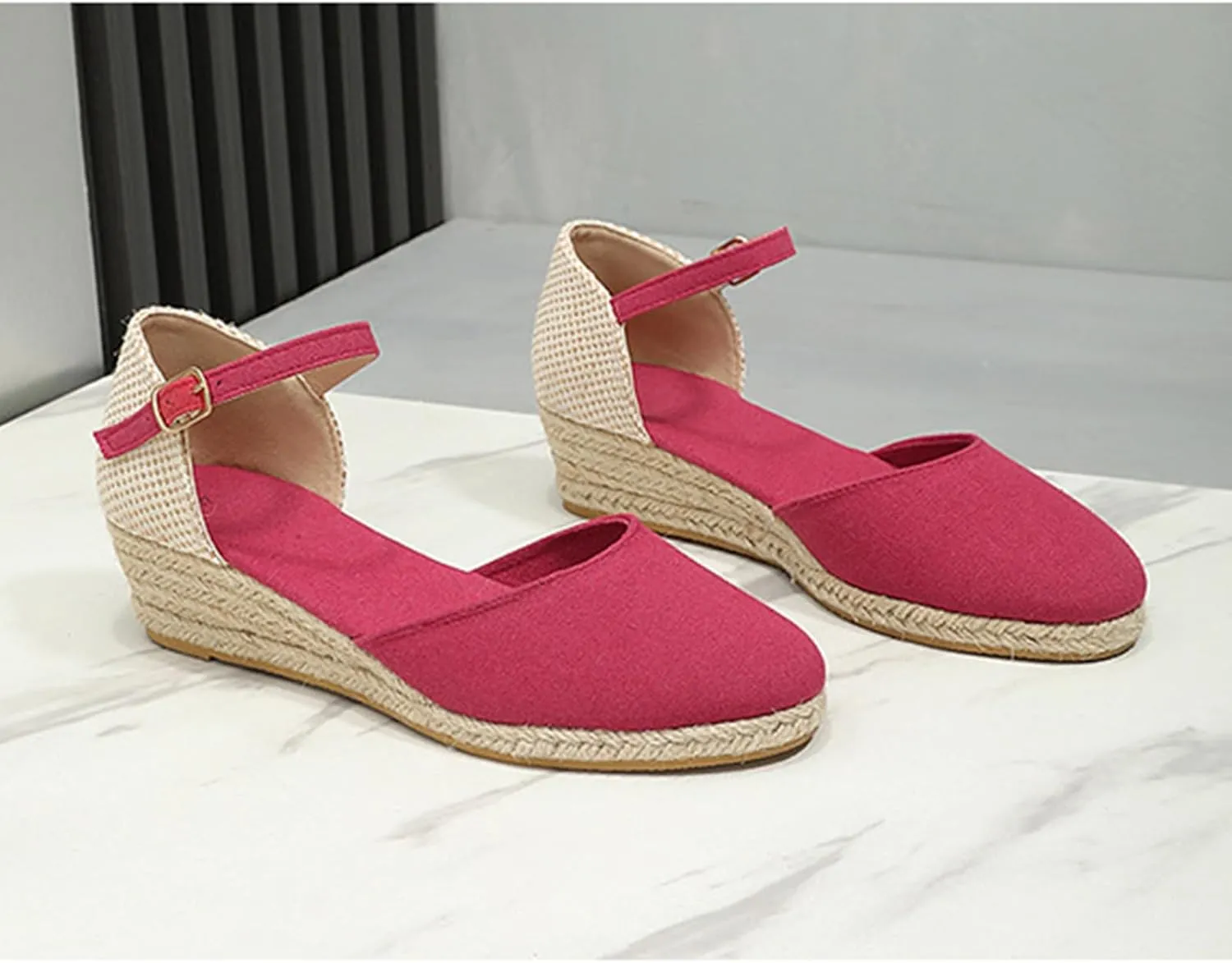 Closed Toe Sandals Women,Closed Wedges,Wedges Heels Espadrilles Wedge,Canvas Ankle Strap Shoes Platform Heel Buckle Dressy Wedge Heeled Ladies Comfortable Summer Beach Wedding