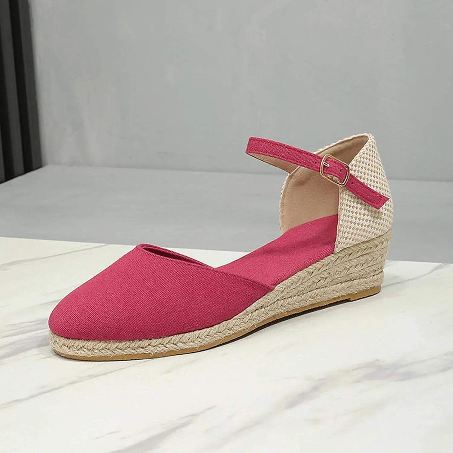 Closed Toe Sandals Women,Closed Wedges,Wedges Heels Espadrilles Wedge,Canvas Ankle Strap Shoes Platform Heel Buckle Dressy Wedge Heeled Ladies Comfortable Summer Beach Wedding