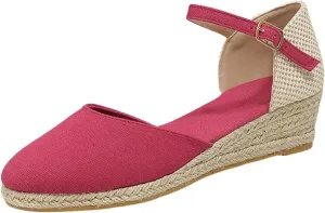 Closed Toe Sandals Women,Closed Wedges,Wedges Heels Espadrilles Wedge,Canvas Ankle Strap Shoes Platform Heel Buckle Dressy Wedge Heeled Ladies Comfortable Summer Beach Wedding