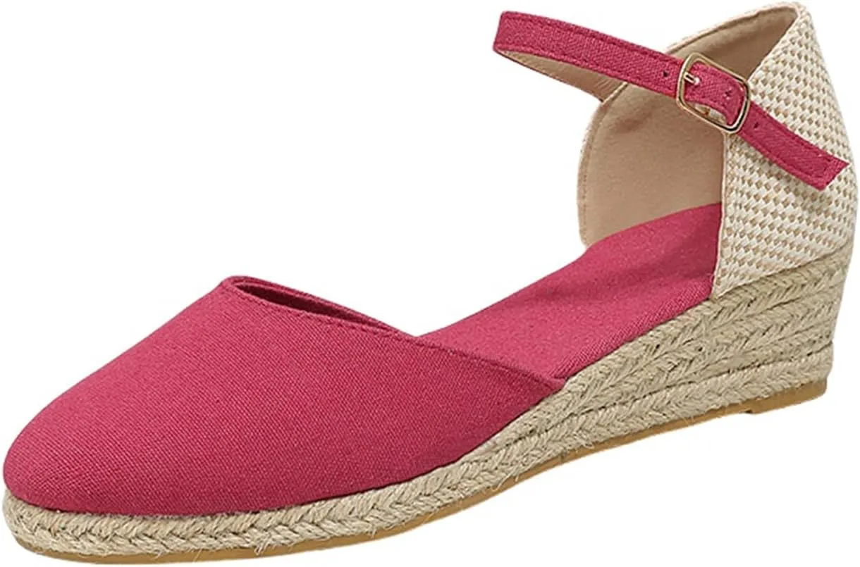 Closed Toe Sandals Women,Closed Wedges,Wedges Heels Espadrilles Wedge,Canvas Ankle Strap Shoes Platform Heel Buckle Dressy Wedge Heeled Ladies Comfortable Summer Beach Wedding