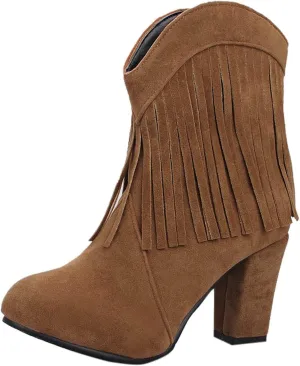 Cowboy Boots for Women Flat Womens Ruffled Ankle Boots Low Chunky Block Stacked Heel Boots Slip On Pointed Toe Western Shoes 52