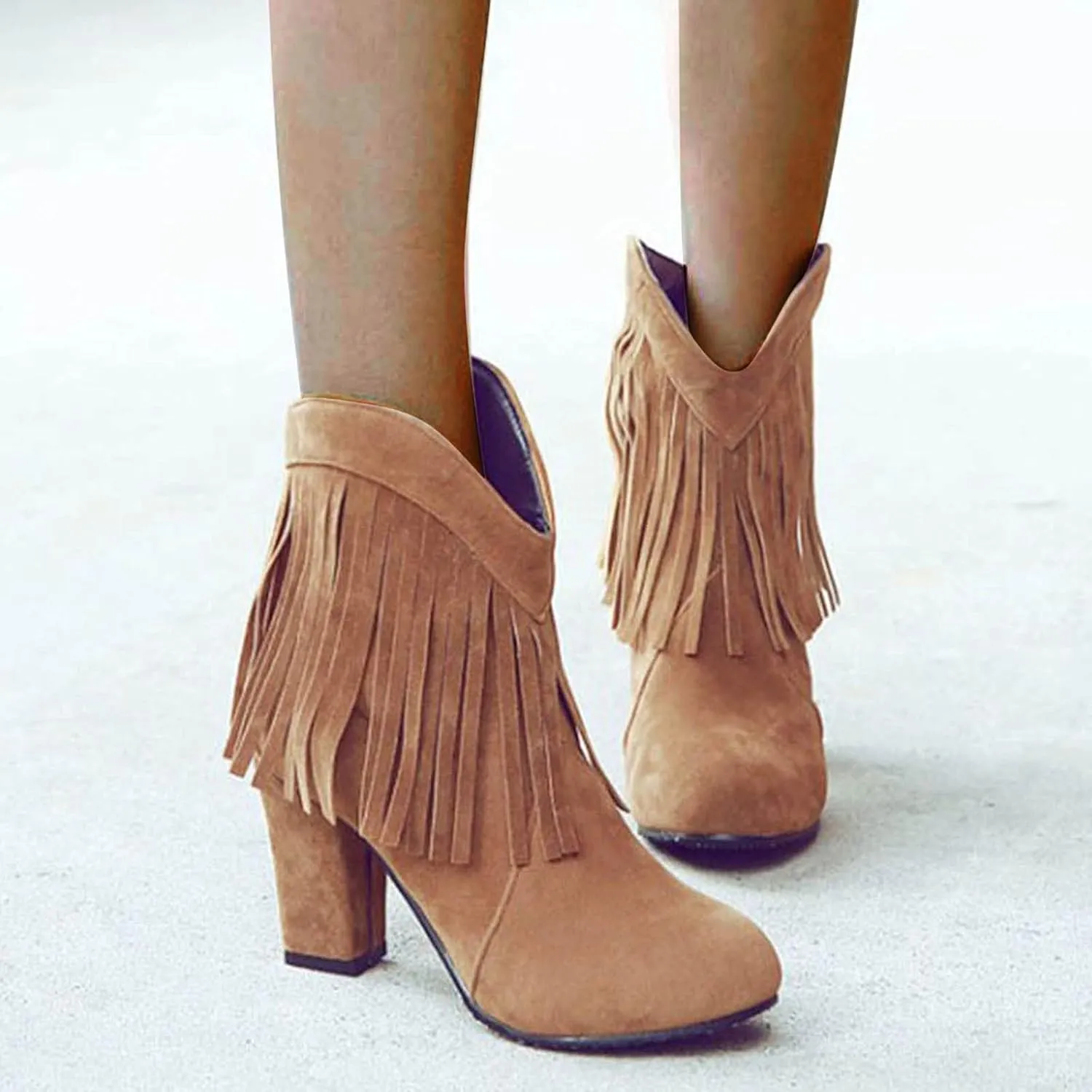 Cowboy Boots for Women Flat Womens Ruffled Ankle Boots Low Chunky Block Stacked Heel Boots Slip On Pointed Toe Western Shoes 52