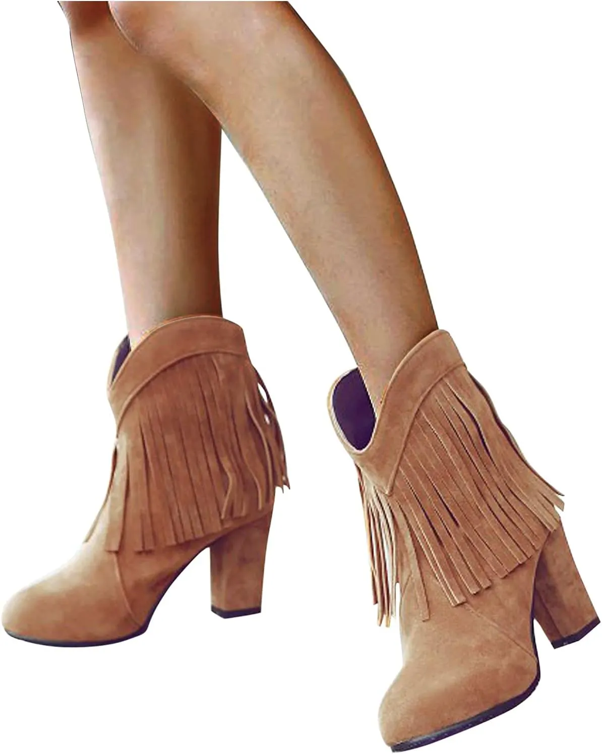 Cowboy Boots for Women Flat Womens Ruffled Ankle Boots Low Chunky Block Stacked Heel Boots Slip On Pointed Toe Western Shoes 52