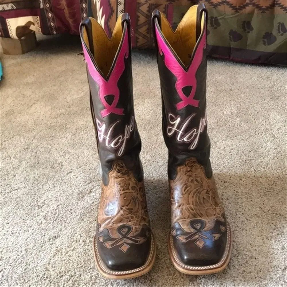 Cowboy Boots Women Western Boots Cowgirl Boots Ladies Pointy Toe Fashion Boots Lightweight Durable Western Country Boots Round Toe Mid Calf Chunky Heel Boots Riding Wedding Boots Anti Slip Pull On