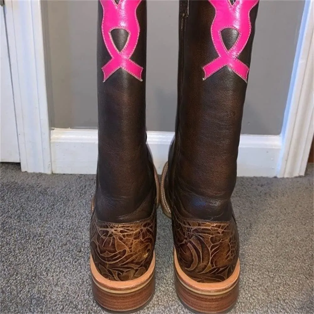 Cowboy Boots Women Western Boots Cowgirl Boots Ladies Pointy Toe Fashion Boots Lightweight Durable Western Country Boots Round Toe Mid Calf Chunky Heel Boots Riding Wedding Boots Anti Slip Pull On