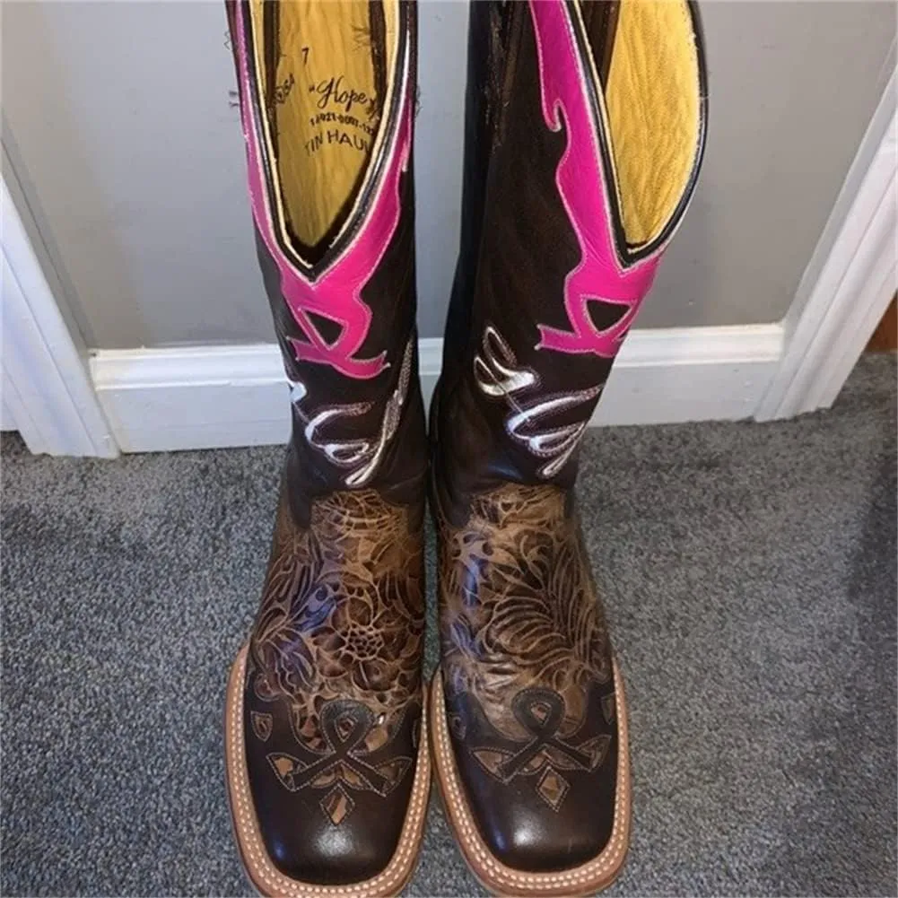 Cowboy Boots Women Western Boots Cowgirl Boots Ladies Pointy Toe Fashion Boots Lightweight Durable Western Country Boots Round Toe Mid Calf Chunky Heel Boots Riding Wedding Boots Anti Slip Pull On