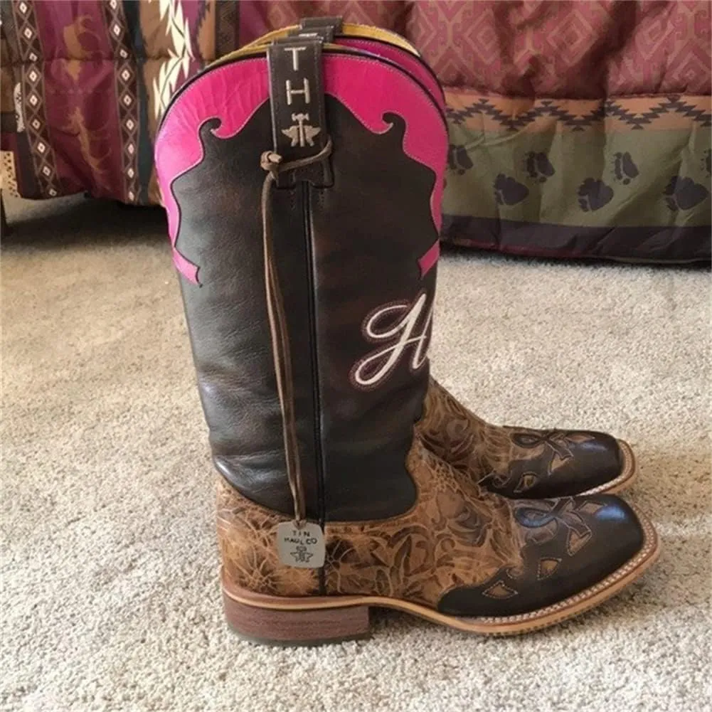 Cowboy Boots Women Western Boots Cowgirl Boots Ladies Pointy Toe Fashion Boots Lightweight Durable Western Country Boots Round Toe Mid Calf Chunky Heel Boots Riding Wedding Boots Anti Slip Pull On